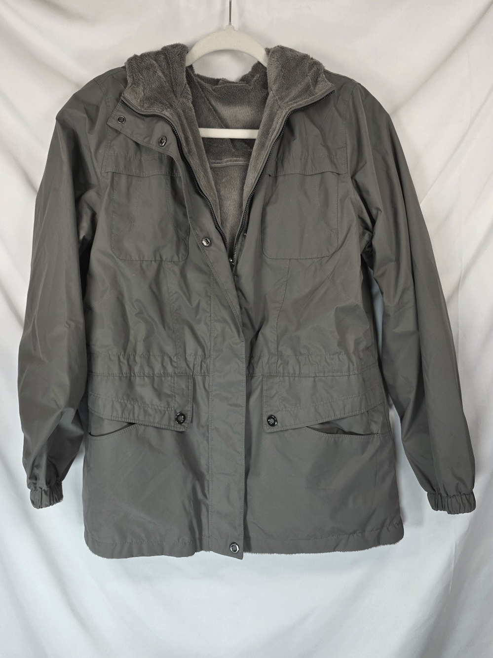 GH Bass Womens S Jacket Gray Plush Fleece Lined Hooded Anorak Utility Cinch Coat